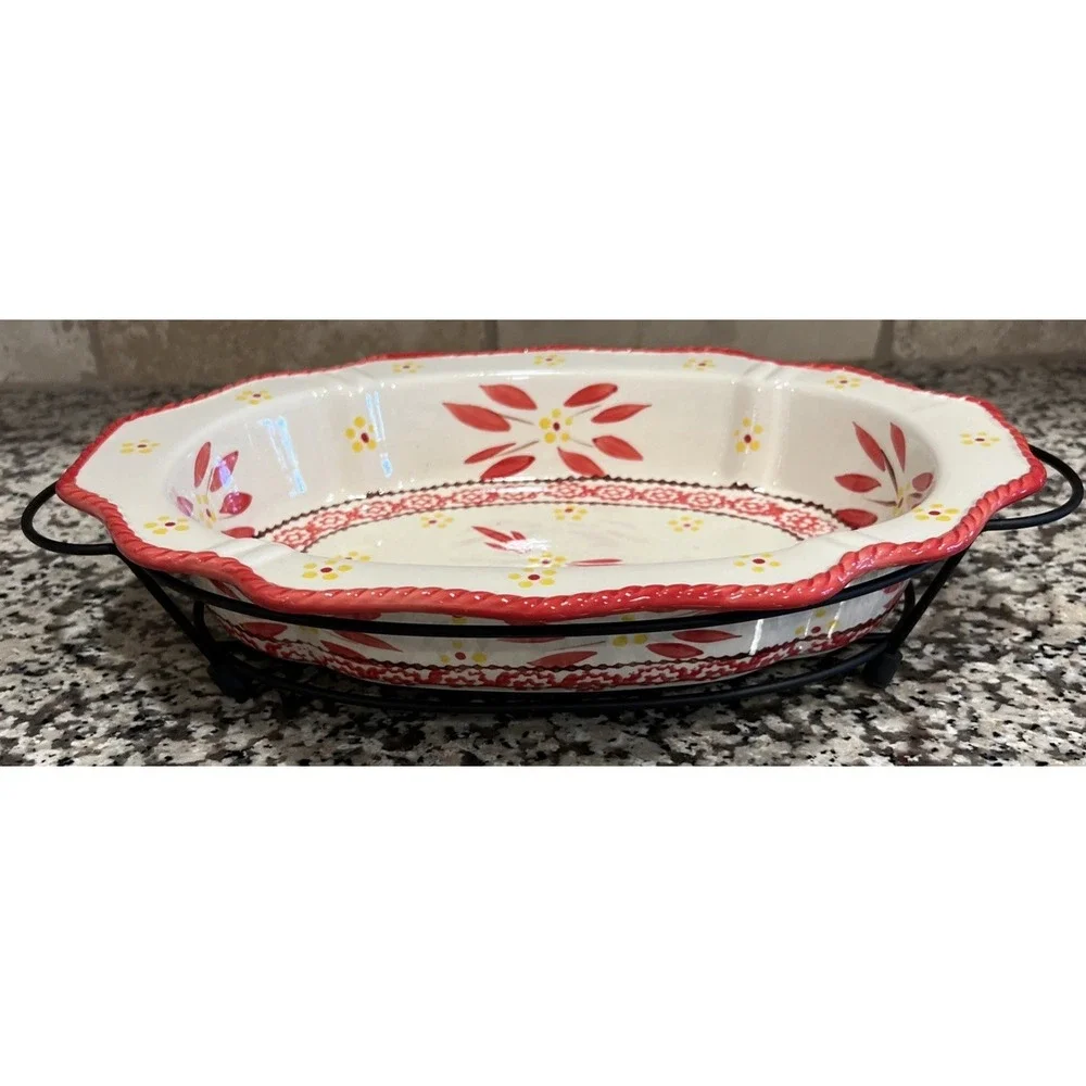 New Temp-tations Old World Red Oval Baking Dish 1.5 qt Casserole Dish W/Rack 13